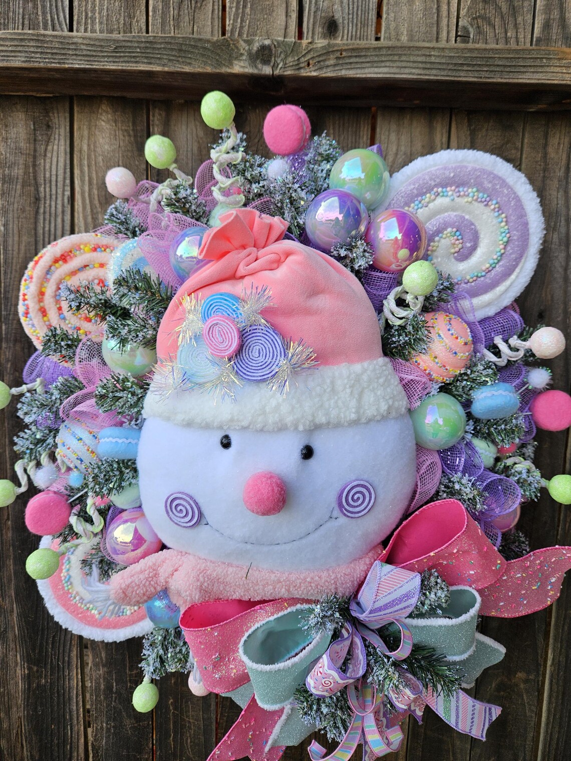 Candyland Snowman Wreath • Pastel Christmas Decor • Sweet Winter Door ...