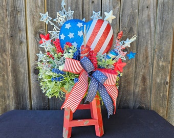 Patriotic Stool Planter, 4th of July Floral Arrangement