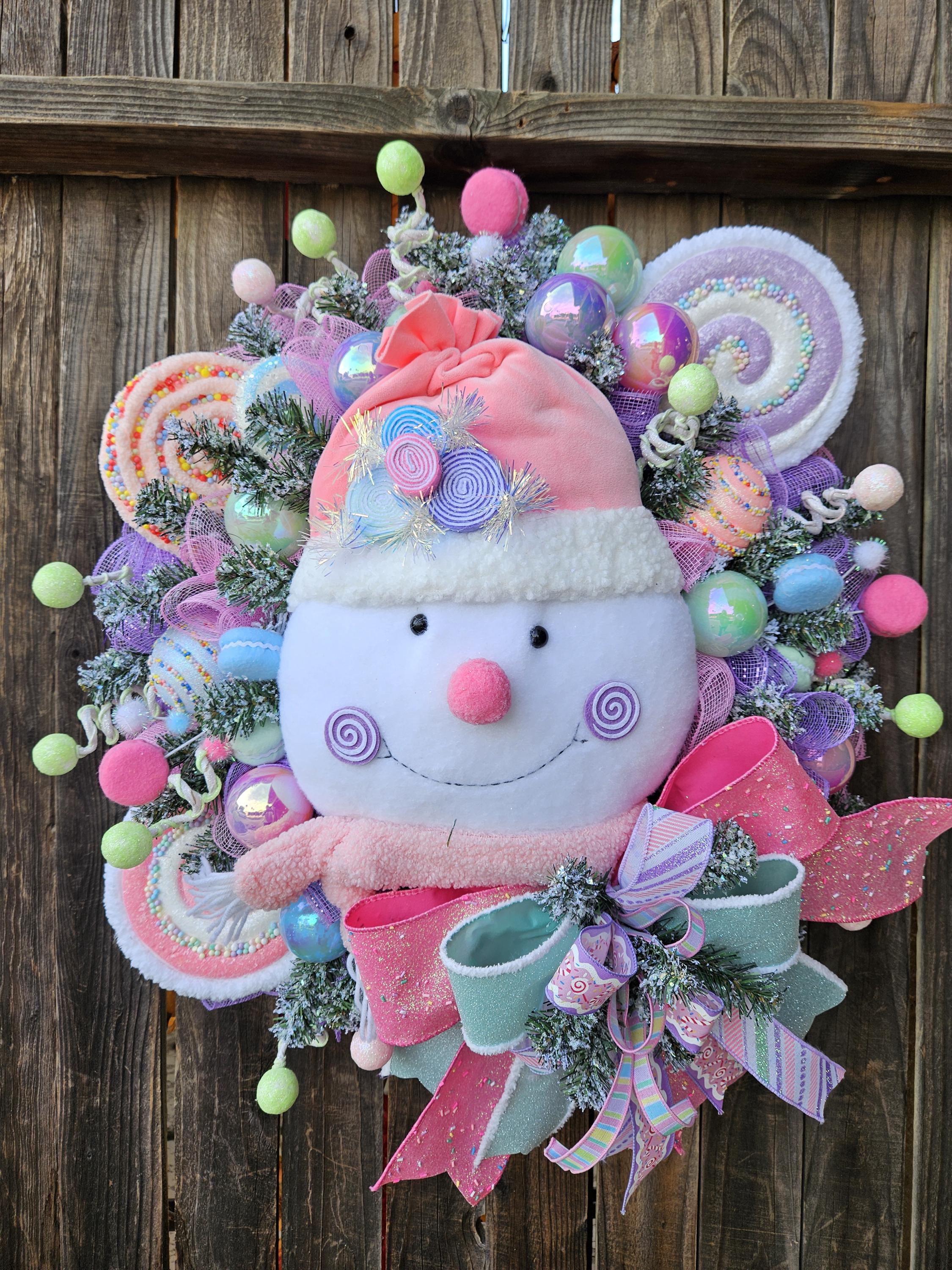 Candyland Snowman Wreath • Pastel Christmas Decor • Sweet Winter Door ...