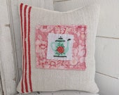 Hand sewn embroidered cushion, made with vintage quilt fabric, French linens and grain cloths - floral coffee pot