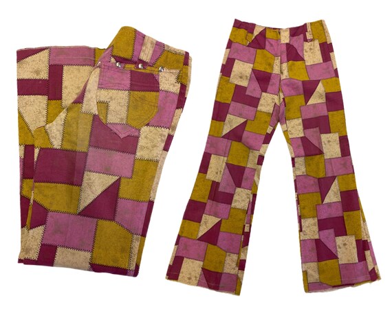 1970's Pastel Patched Print Bell Bottoms