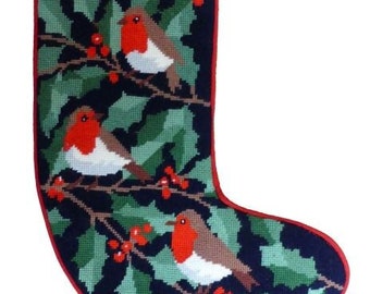 Gobelin-Kit, Nadelspitzen-Kit - Rotkehlchen Weihnachtsstrumpf Tapisserie-Kit - 10 Löcher pro Zoll - Erbstück-Nadelarbeit