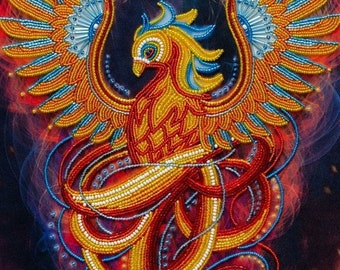 Phoenix Firebird Bead Embroidery Kit, Bead Work Embroidery Kit - Printed Embroidery Kit, Modern Bead Embroidery - Complete Kit