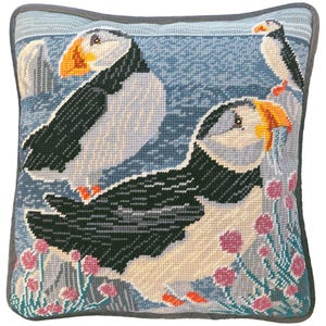 Tapestry Kit, Needlepoint Kit - Sea Thrift Clifftops Tapestry Kit, Coastal Puffin Tapestry Needlepoint by Liane Payne.