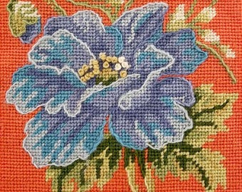 Tapestry Kit, Needlepoint Kit - Victorian Miniature Floral Tapestry Needlepoint Kit - Blue Poppy ON ORANGE - Glorafilia