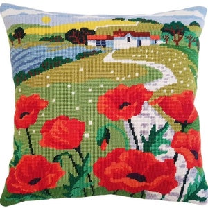 Kit de tapicería, kit de bordado - Kit de tapiz de paisaje de amapolas, kit de bordado de arte moderno campestre, de Karen Carter
