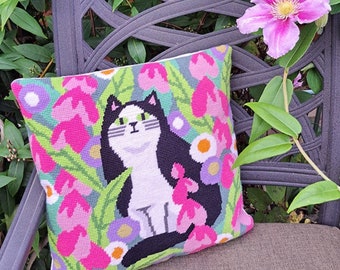 Tapestry Kit, Needlepoint Kit - Black and White Cat Tapestry Kit, Modern Art Needlepoint Kit, by Karen Carter