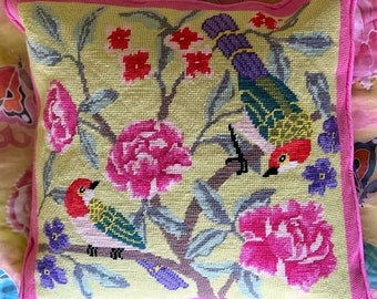 Gobelin Nadelspiel Kit - Rosa Pfingstrose - Premium Gobelin Kit, Stickspitze Kissen Vorderseite - Chinoiserie Vogel Blumenkunst, Erbstück Nadelhandwerk