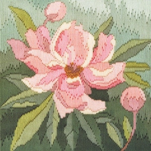 May include: A cross-stitch floral design showing a pink peony with a brown centre and light green leaves. The background is a textured light green, and there are two pink buds. The needlework is detailed.