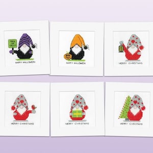 Gonk-borduurpakketkaarten, getelde borduurpakketten - Christmas Gonks/Halloween Gonks-wenskaarten - afzonderlijk of SETS van 2, 4 of 6