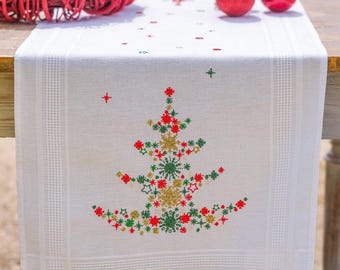GEDRUCKTE Stickpackung Tischläufer - Weihnachtsbaum Stickdatei, Gedruckte Weihnachtstischdecke Stickpackung Nadel art.