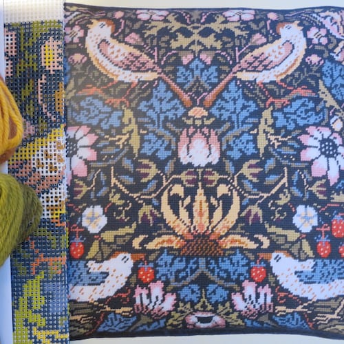 20" x 20" Handmade Wool Needlepoint William Morris Design Pillow with Tassels 