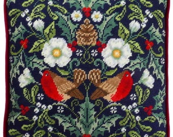 Tapestry Kit, Needlepoint Kit - Winter Robins, Arts and Crafts style Tapestry Kit by Karen Tye-Bentley