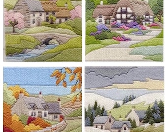 Seasonal Cottages Langstich-Kits - Vier Jahreszeiten im Langstich-Wandteppich; Frühling, Sommer, Herbst, Winter Langstich-Kits