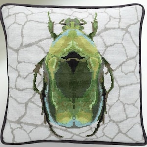 May include: Square decorative pillow with a detailed cross-stitch design of a green beetle. The beetle has a metallic sheen and is set against a white background with a gray, geometric pattern. The pillow has a dark gray border.