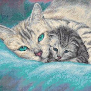 Cross Stitch Kit Tucked In Counted Cross Stitch Kit, Cat and Kitten Cross Stitch Needlework Kit