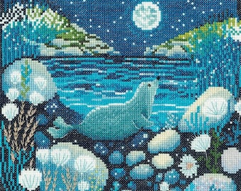 COUNTED Cross Stitch Kit- Moonlit Bay Cross Stitch Kit, Modern Art Cross Stitch Needlecraft Kit, Mel Rodicq Art