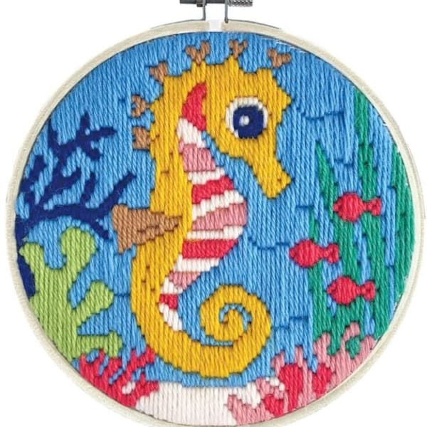 Sea Princess Long Stitch Kit, Seahorse Sealife Printed Long Stitch Tapestry Kit, with Hoop