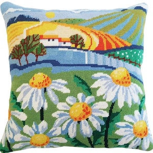 Kit de tapicería, kit de bordado - Kit de tapiz con paisaje de margaritas, kit de bordado de arte moderno campestre, de Karen Carter