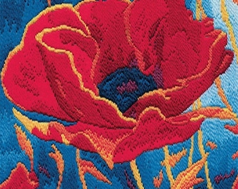 Poppy Head Langstich Stickpackung - Roter Mohn im Langstich; Sommer Blumenstudie Langstich Kit