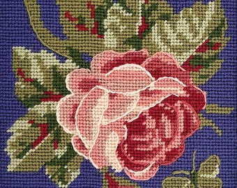 Tapestry Kit, Needlepoint Kit - Victorian Miniature Floral Tapestry Needlepoint Kit - Rose ON PURPLE - Glorafilia