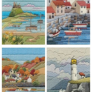 May include: Four embroidered landscape panels. One depicts a coastal scene with a castle on a hill and boats. Another shows a harbor with buildings and boats. The third shows a village with autumn foliage. The last shows a lighthouse on a cliff.