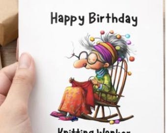 DIGITAL Funny Knitting Birthday Card Printable 15x15cm – Cheeky  “Knitting Wanker” Card Digital Download (Digital Download) PNG Download