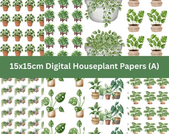 15x15cm Digital Houseplant Papers  A – Watercolour Indoor Plants Scrapbook Paper Pack, Printable Botanical Backgrounds, PNG, PDF, JPEG