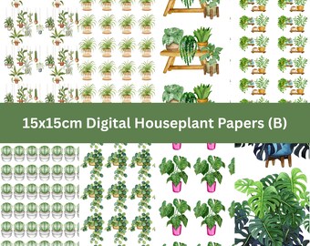 DIGITAL 15x15cm Digital Houseplant Papers B – Watercolour Plants Scrapbook Paper Pack, Printable Botanical, PNG, PDF, Jpeg