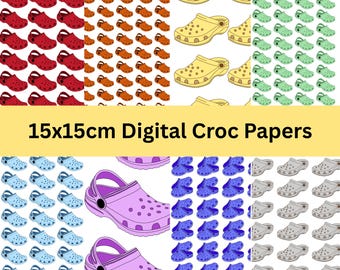 15x15cm Digital Croc Pattern Paper Pack | Colorful Clog Shoe Printable Papers | Fun Scrapbook & Craft Designs, PNG, PDF, JPEG