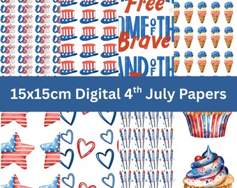 15x15cm 4th of July Digital Paper Pack | Patriotic Red White Blue Printable Papers | Independence Day Scrapbook Designs, PNG, PDF, JPEG