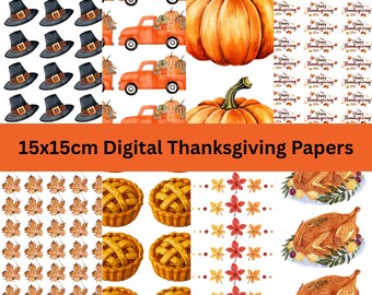15x15cm Thanksgiving Digital Paper Pack | Fall Pumpkin, Turkey and Autumn Pattern Printables | Scrapbook & Craft Papers, PNG, PDF, JPEG