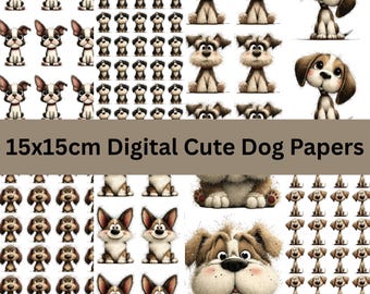 15x15cm Cute Dog Digital Paper Pack | Adorable Puppy Pattern Printables | Kawaii Pet Scrapbook Papers PNG, PDF, JPEG