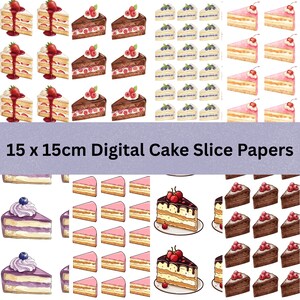 Könnte beinhalten: Digitale Kuchenstückpapiere mit Aquarellillustrationen von Kuchenstücken. Das Bild enthält Scheiben mit Erdbeeren, Himbeeren, Blaubeeren und Kirschen. Der Text auf dem Bild lautet "15 x 15cm Digital Cake Slice Papers".