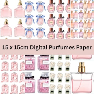 May include: Digital paper featuring various perfume bottle designs. The bottles are in shades of pink, with some adorned with bows. The text "15 x 15cm Digital Perfumes Paper" is displayed across the image.