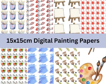 15x15cm Digital Painting Pattern Paper | Art Supplies Printable Paper Pack | Paint Tubes, Brushes & Easel Designs, PNG, PDF, JPEG