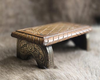 Antique Carved Wooden Stool: Indian Pooja Chowki, Bajot Religious Rituals, Low Pedestal.