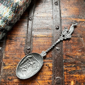 Antique Spoon Dutch Pewter Birth Spoon with Stork Decoration