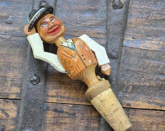 Mechanical Victorian Carved Wooden Bottle Cork Stopper c1880