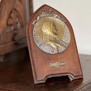 Antique French Religious Relief early 1900 Table Top Plaque Holy Mary Relief by Michail Jampolsky 1874 Artist Signed Oak Stand Music Box