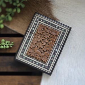 Antique Carved Card Case in Sandal Wood with intricate Micro Mosaic Sadeli Borders.