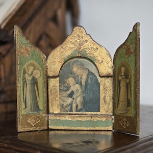 Florentine Wood Italy Triptych Art Panel Traveling Icon Madonna