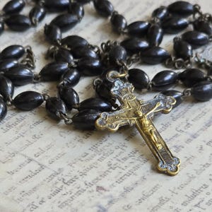 Antique Wooden Rosary: Small Brass Crucifix, Sacred Heart Medal