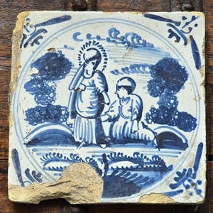 17th Century Delft Blue Tile: Hand-Painted Biblical Scene, Netherlands