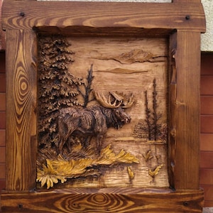 3D Wooden Picture Wood Carving Wall Art Handcarved Wood Carving Elk Picture Mood Pictures Wildlife Habitat Wooden Art Decor Fox Hunter Gift