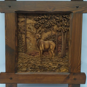 3D Wooden Picture Wood Carving Wall Art Handcarved Wood Carving Deer Picture Mood Pictures Wildlife Habitat Wooden Art Decor Elk Hunter Gift