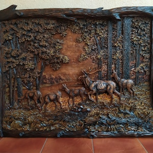 3D Wooden Picture Wood Carving Wall Art Handcarved Wood Carving Mood Pictures Deer Family Picture Wall Hanging Natural Wood Nature Art