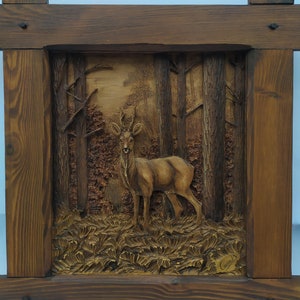 3D Wooden Picture Wood Carving Wall Art Handcarved Wood Carving Mood Pictures Roe Deer Picture Wall Hanging Natural Wood Roe Deer Nature Art