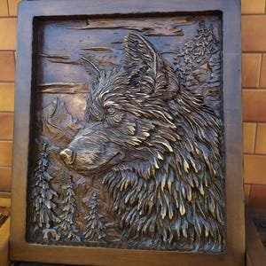 3D Wooden Picture Wood Carving Wall Art Handcarved Wood Carving Wolf Picture Mood Pictures Wildlife Habitat Wooden Art Decor Hunter Gift