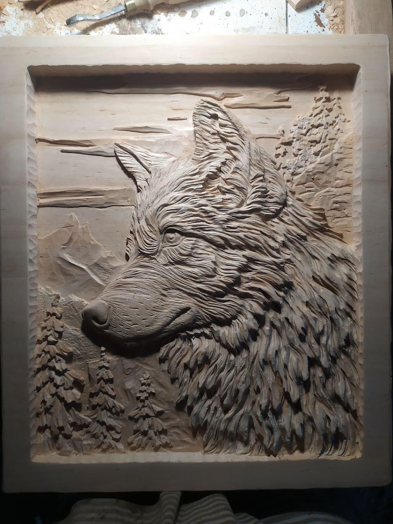3D Wooden Picture Wood Carving Wall Art Handcarved Wood Carving Wolf ...